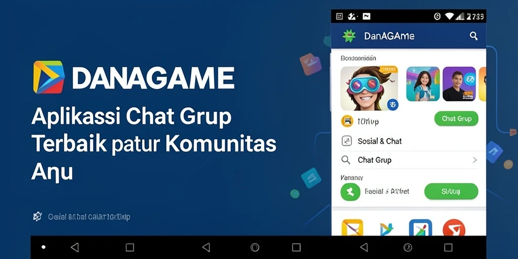 Screenshot utama aplikasi DANAGAME menunjukkan antarmuka Chat Grup yang menarik.