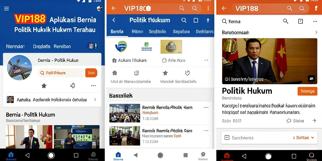 Antarmuka aplikasi VIP188 menampilkan berita politik dan hukum yang informatif.